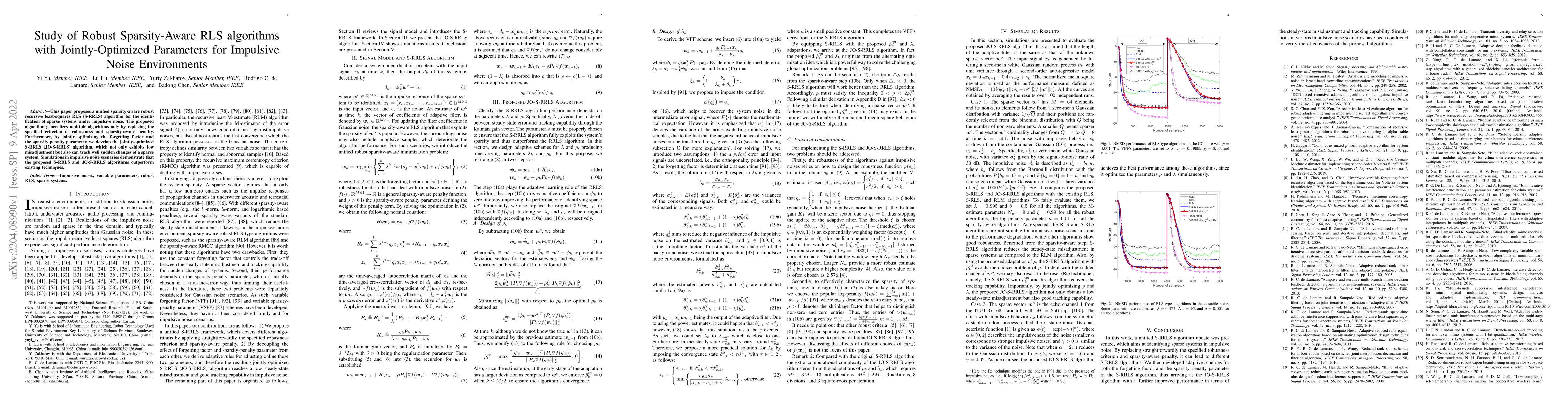 Thumbnail for Study of Robust Sparsity-Aware RLS algorithms with Jointly-Optimized
  Parameters for Impulsive Noise Environments