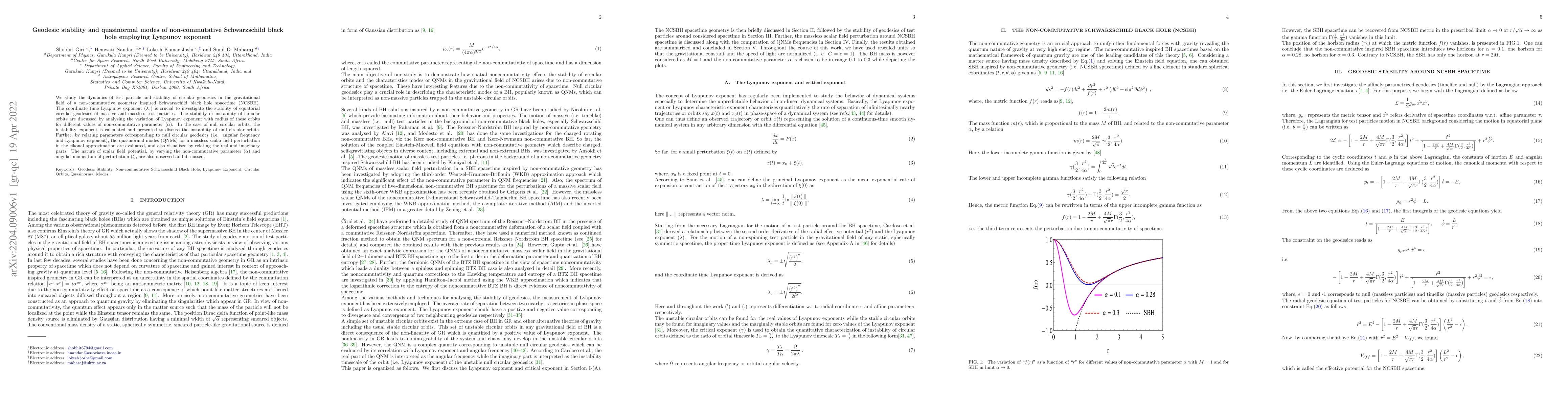 Thumbnail for Geodesic stability and quasinormal modes of non-commutative
  Schwarzschild black hole employing Lyapunov exponent