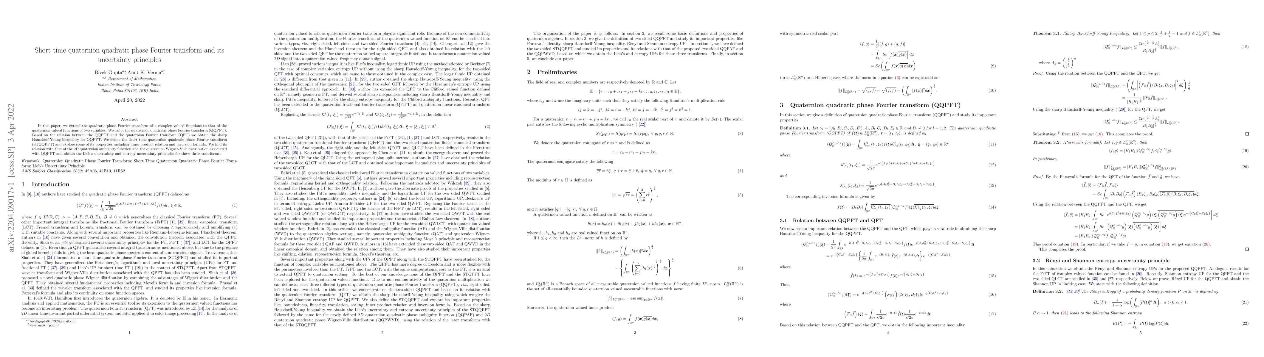 Thumbnail for Short time quaternion quadratic phase Fourier transform and its
  uncertainty principles