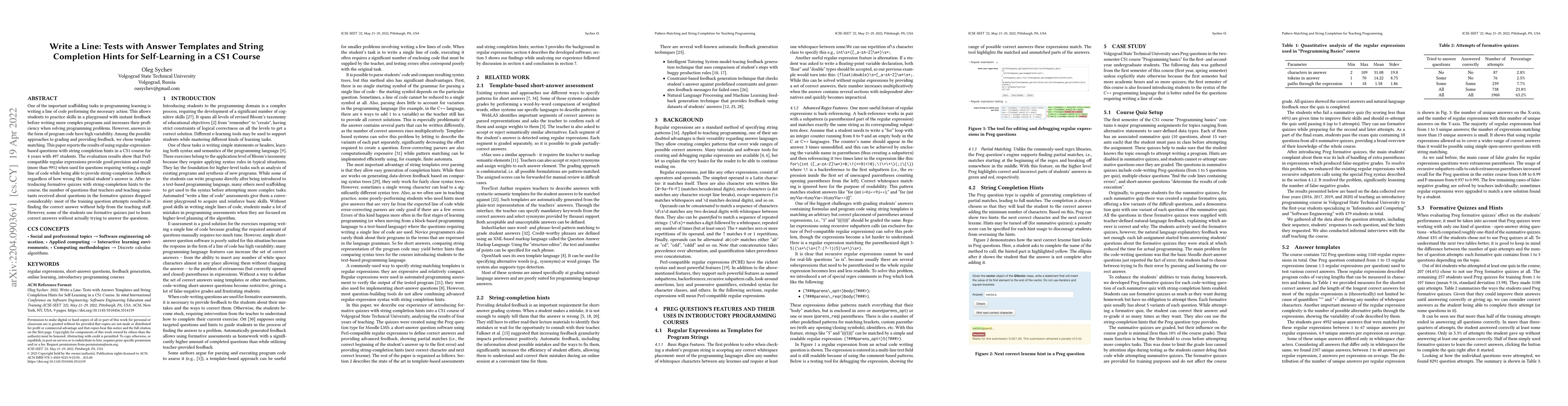 Thumbnail for Write a Line: Tests with Answer Templates and String Completion Hints
  for Self-Learning in a CS1 Course
