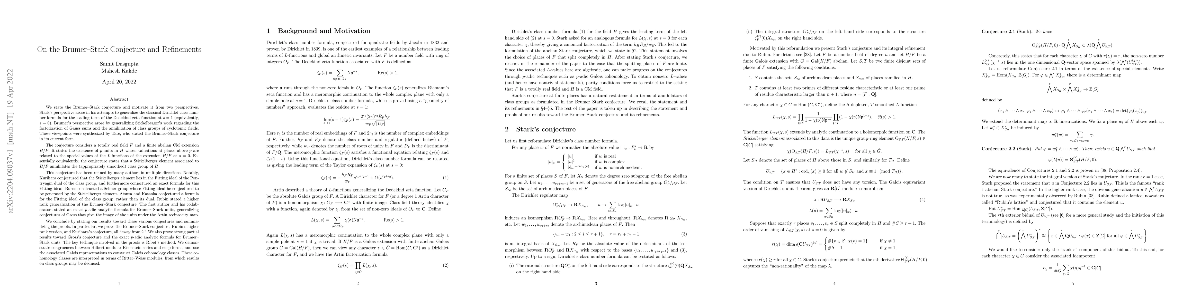 Thumbnail for On the Brumer-Stark Conjecture and Refinements