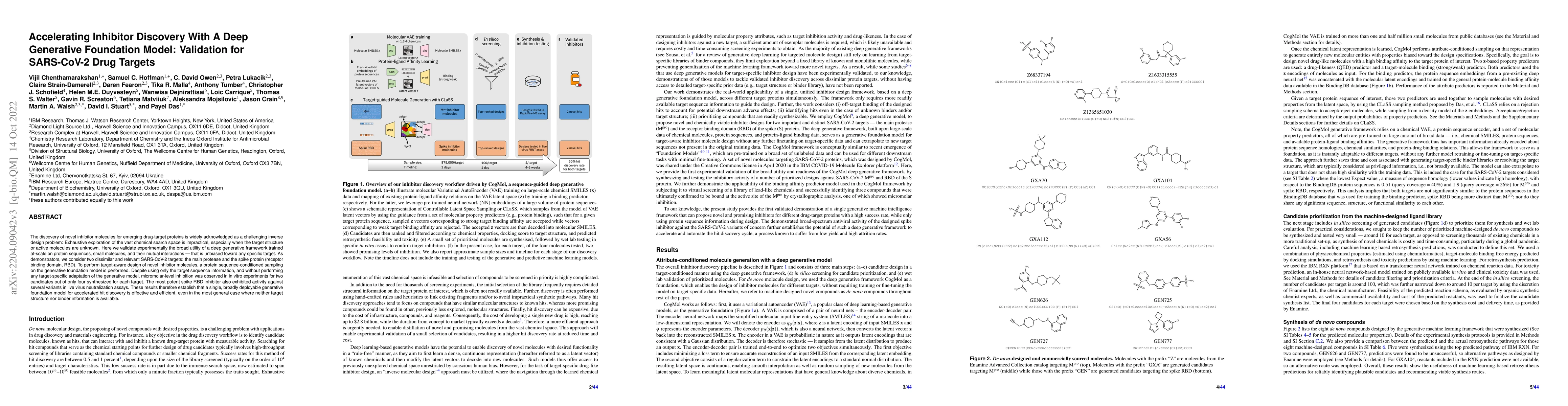 Thumbnail for Accelerating Inhibitor Discovery With A Deep Generative Foundation
  Model: Validation for SARS-CoV-2 Drug Targets