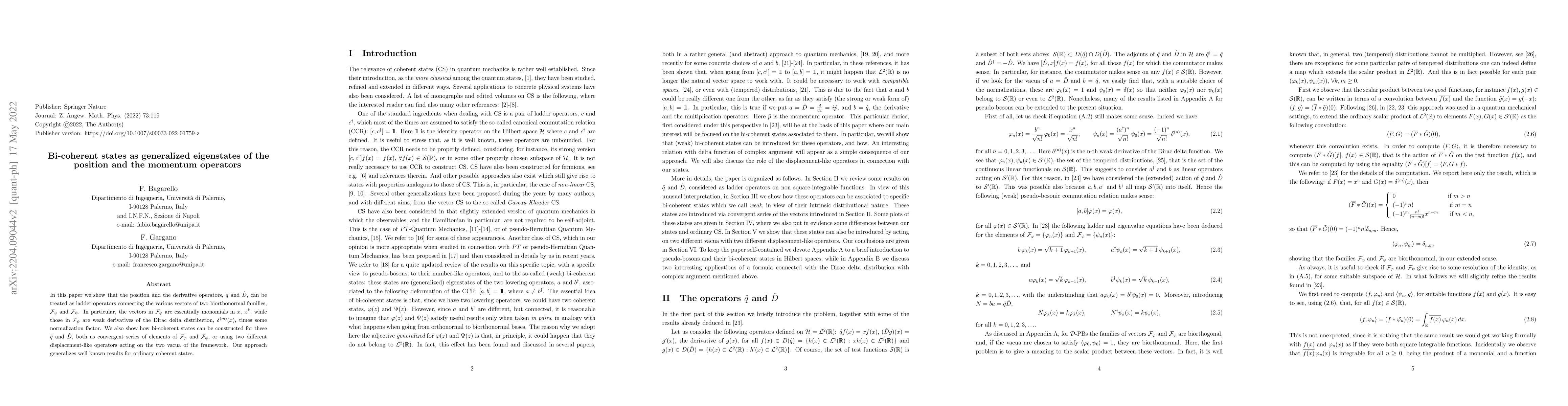 Thumbnail for Bi-coherent states as generalized eigenstates of the position and the
  momentum operators