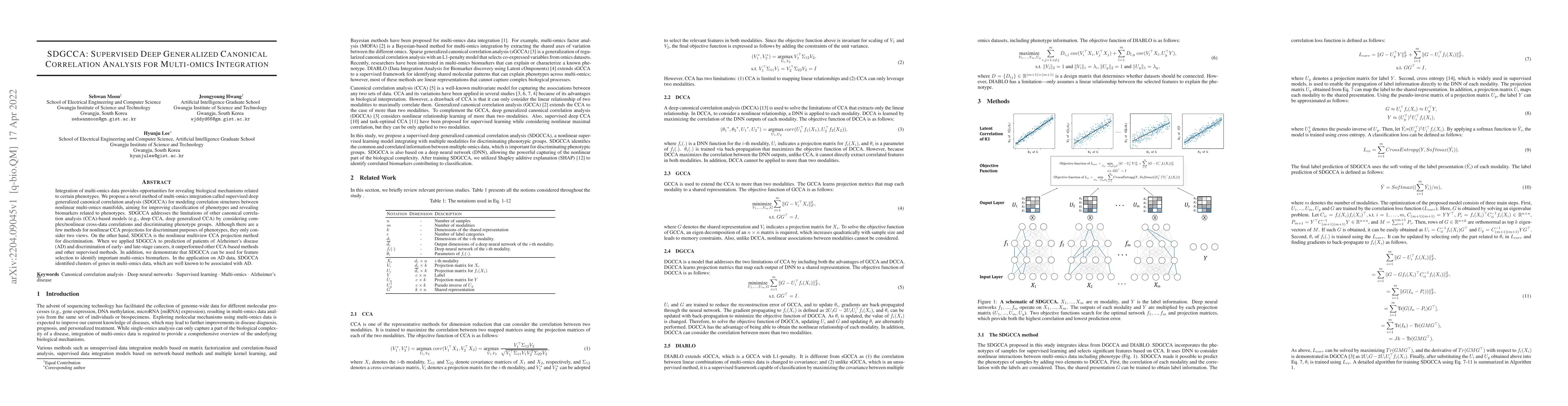 Thumbnail for SDGCCA: Supervised Deep Generalized Canonical Correlation Analysis for
  Multi-omics Integration