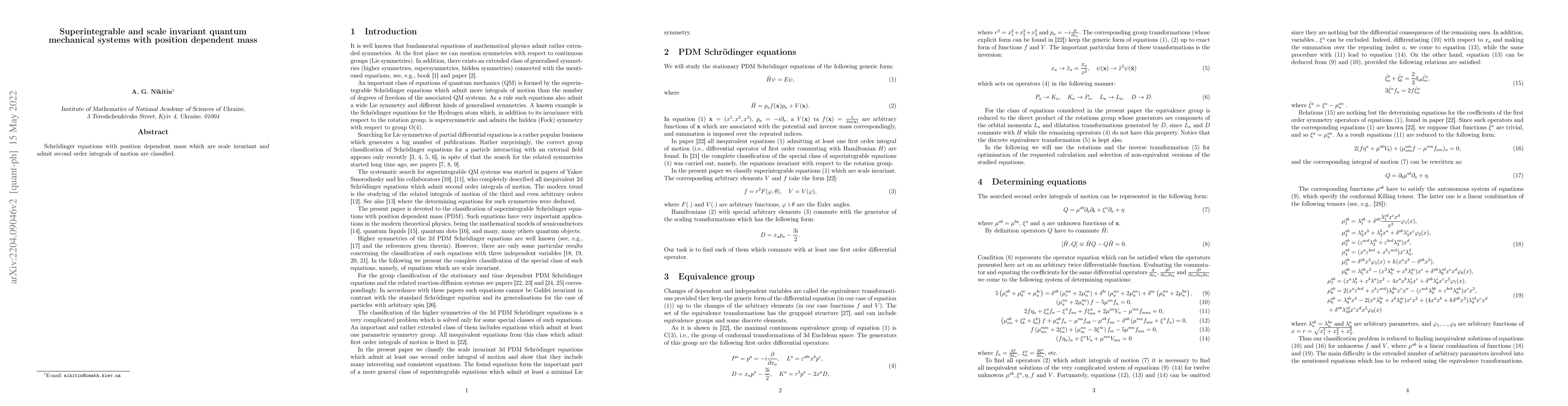 Thumbnail for Superintegrable and scale invariant quantum mechanical systems with
  position dependent mass