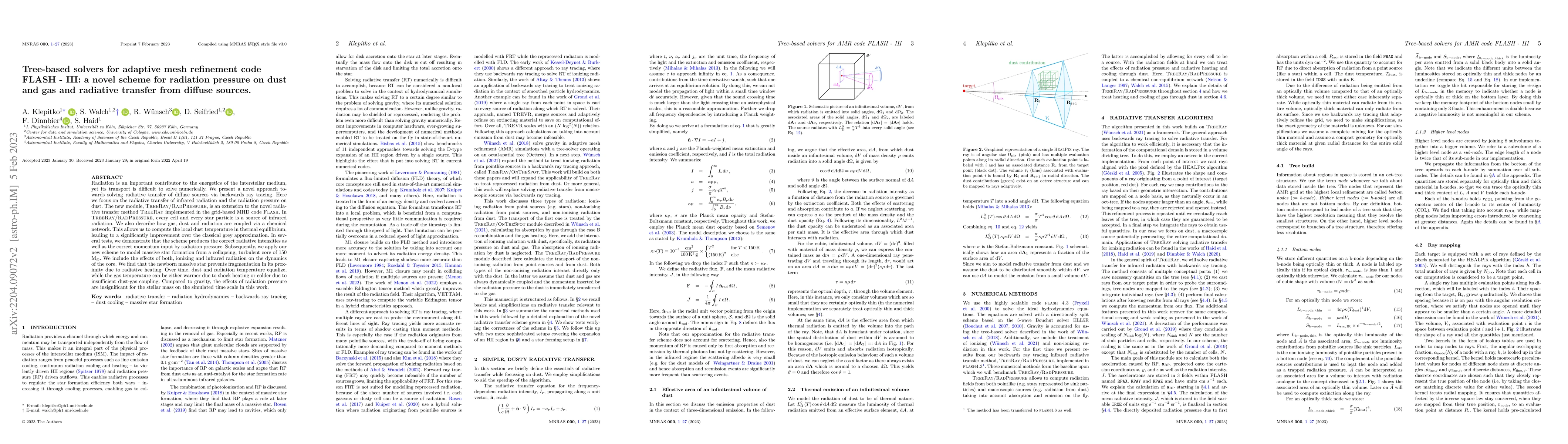 Thumbnail for Tree-based solvers for adaptive mesh refinement code FLASH -- III: a
  novel scheme for radiation pressure on dust and gas and radiative transfer
  from diffuse sources