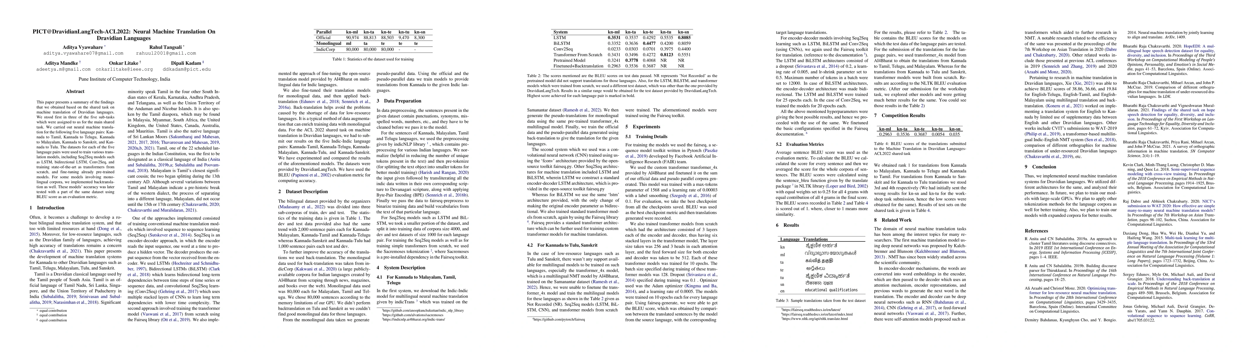 Thumbnail for PICT@DravidianLangTech-ACL2022: Neural Machine Translation On Dravidian
  Languages