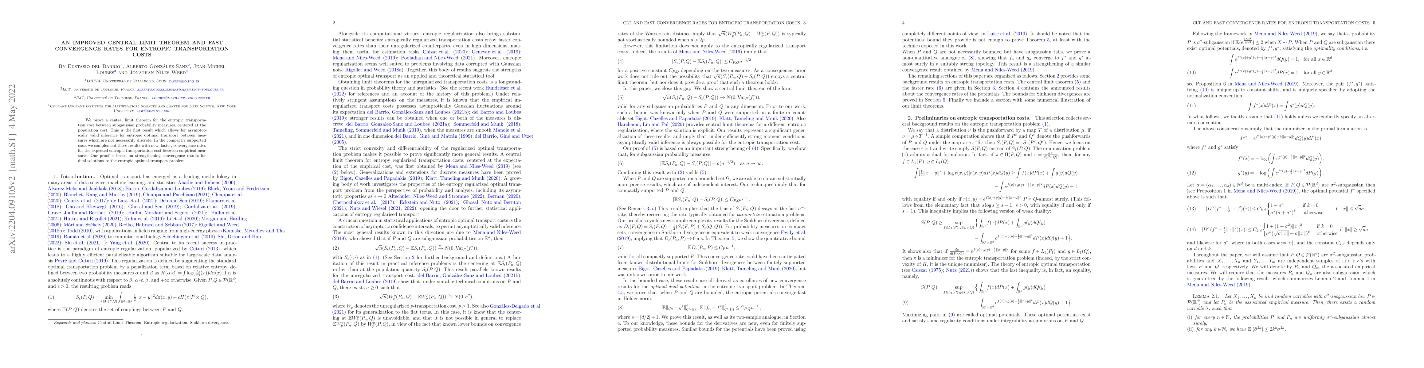 Thumbnail for An improved central limit theorem and fast convergence rates for
  entropic transportation costs