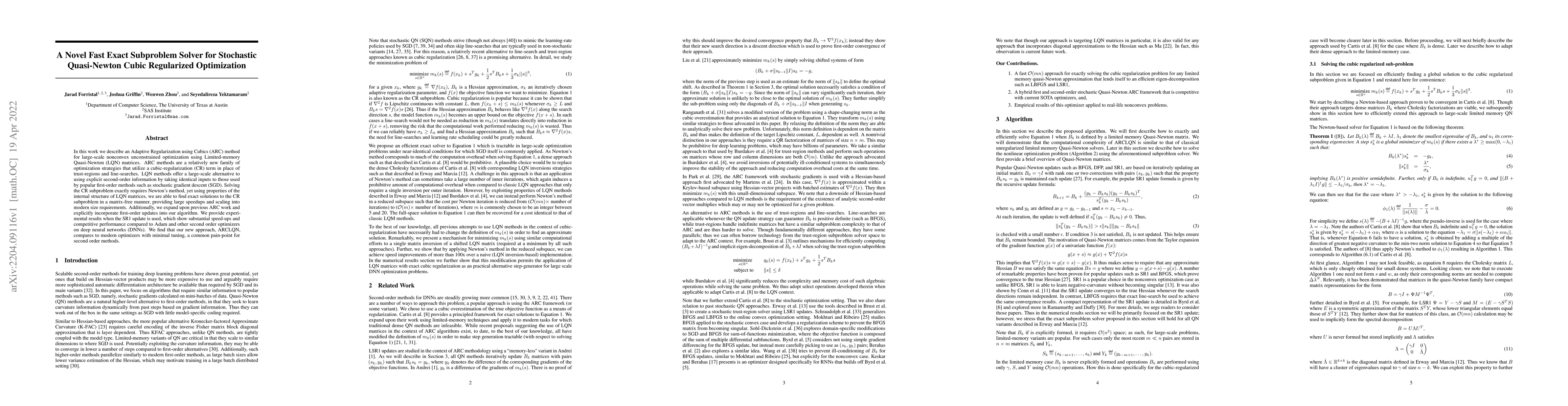 Thumbnail for A Novel Fast Exact Subproblem Solver for Stochastic Quasi-Newton Cubic
  Regularized Optimization