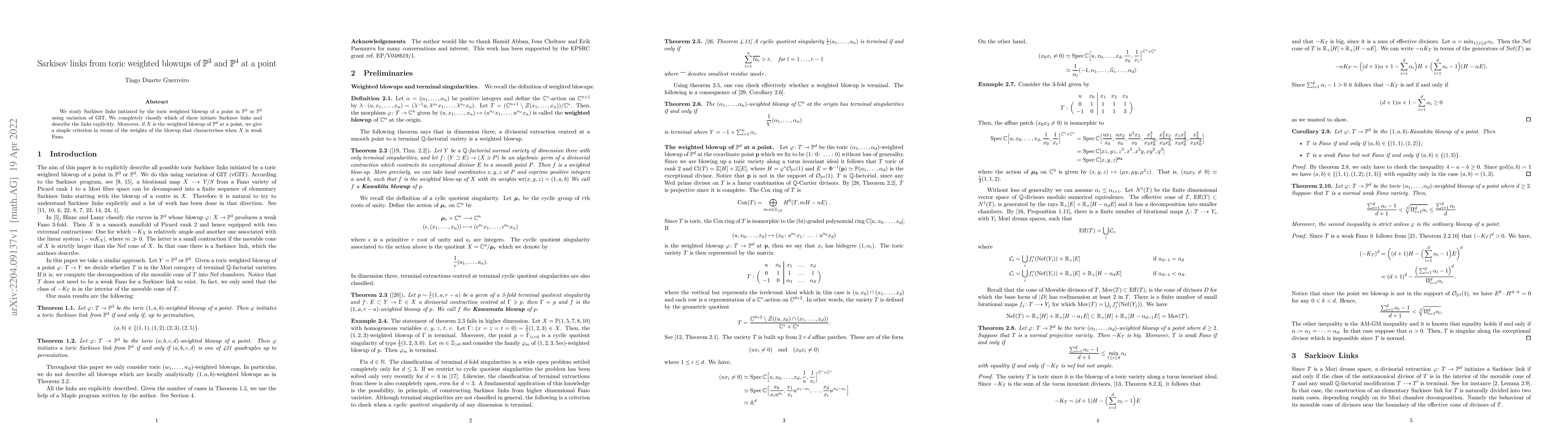 Thumbnail for Sarkisov links from toric weighted blowups of $\mathbb{P}^3$ and
  $\mathbb{P}^4$ at a point