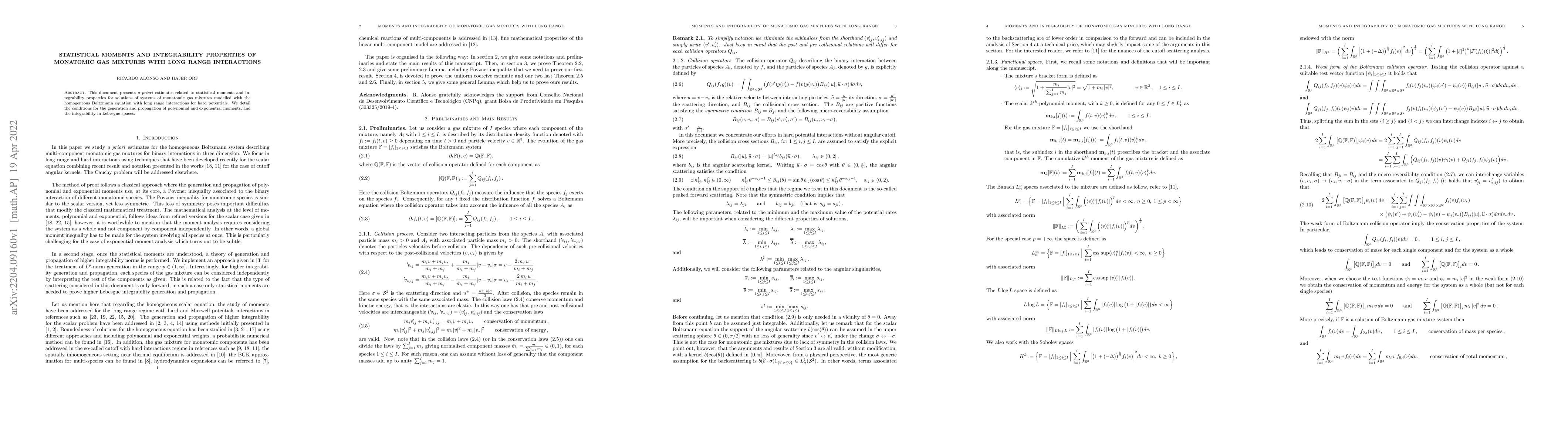 Thumbnail for Statistical moments and integrability properties of monatomic gas
  mixtures with long range interactions