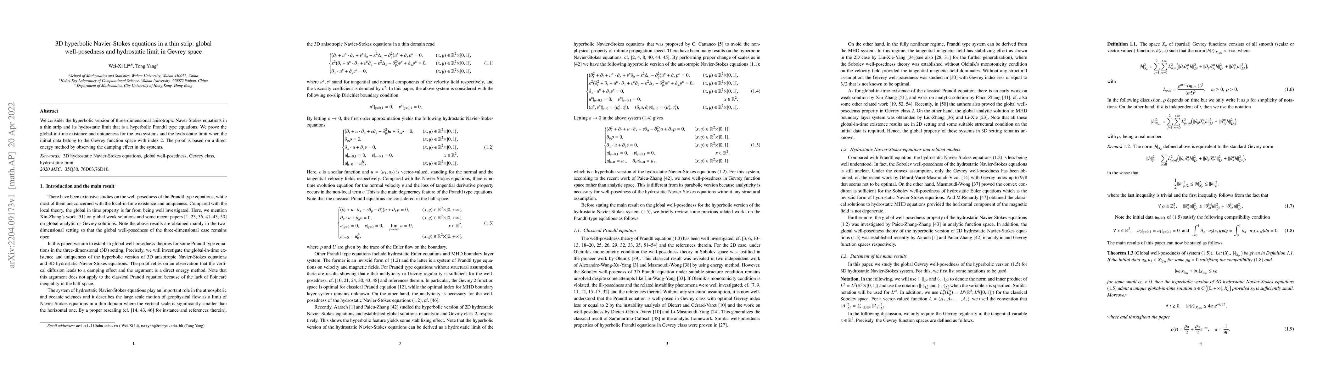 Thumbnail for 3D hyperbolic Navier-Stokes equations in a thin strip: global
  well-posedness and hydrostatic limit in Gevrey space