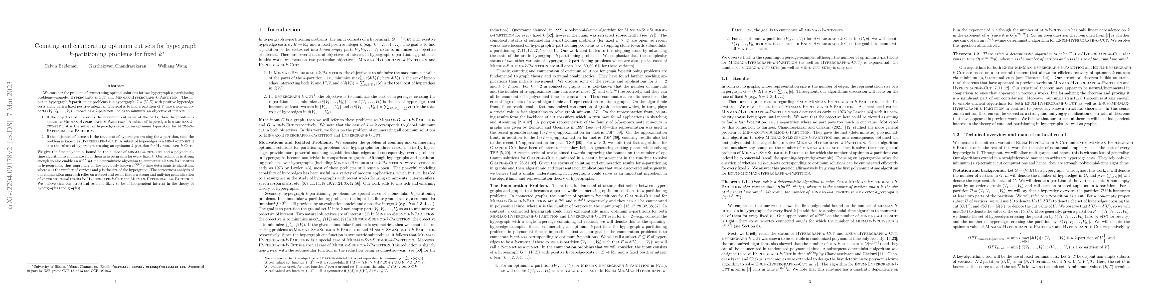 Thumbnail for Counting and enumerating optimum cut sets for hypergraph
  $k$-partitioning problems for fixed $k$