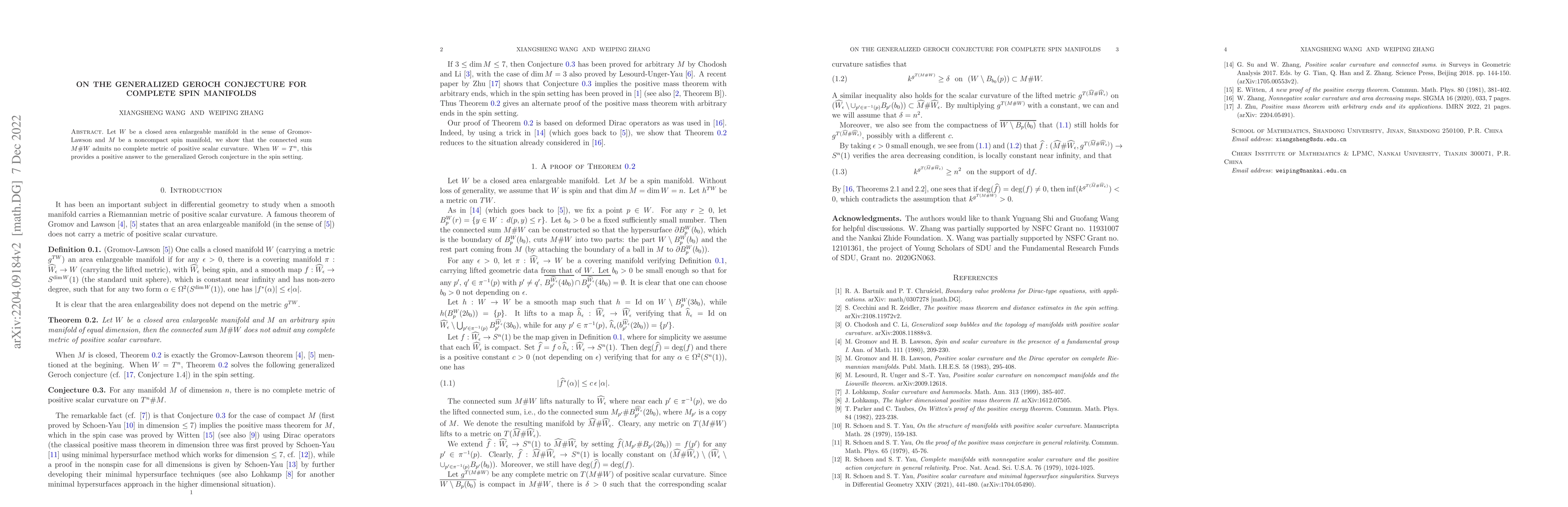 Thumbnail for On the generalized Geroch conjecture for complete spin manifolds