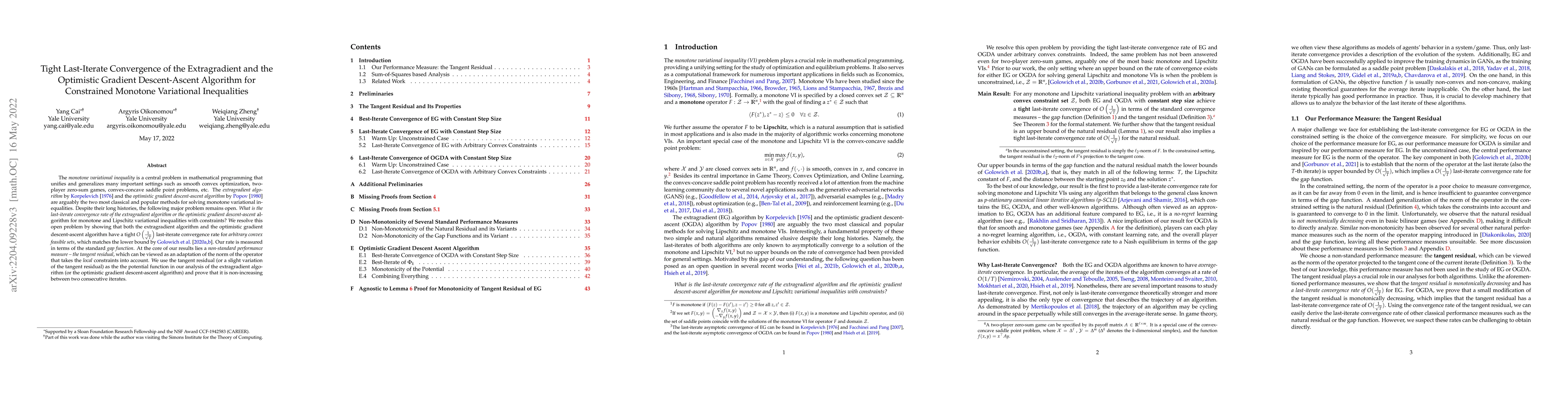 Thumbnail for Tight Last-Iterate Convergence of the Extragradient and the Optimistic
  Gradient Descent-Ascent Algorithm for Constrained Monotone Variational
  Inequalities