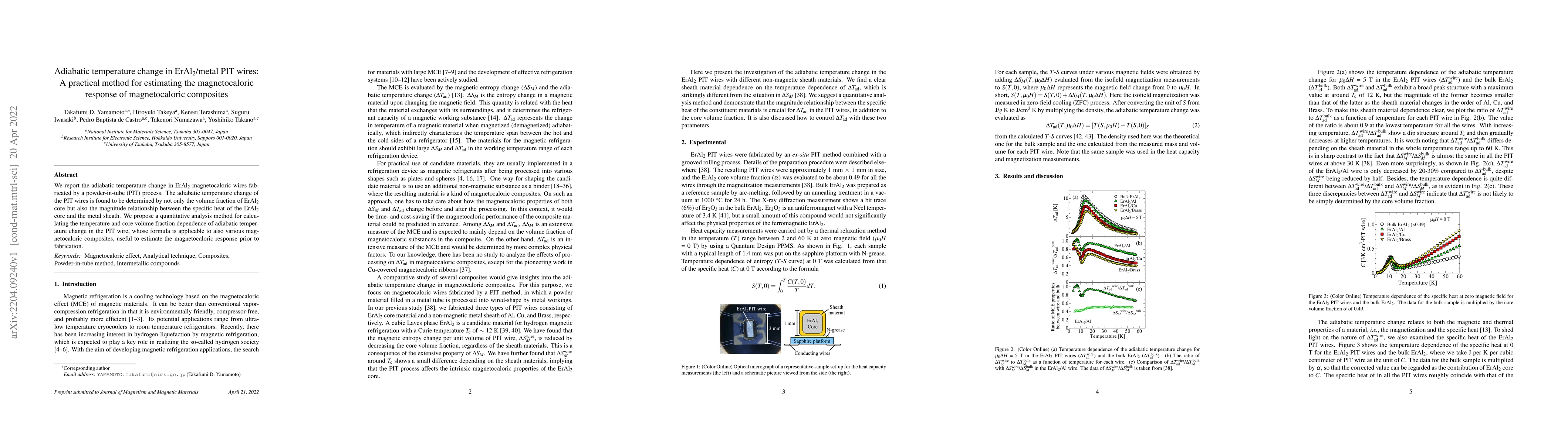 Thumbnail for Adiabatic temperature change in ErAl2/metal PIT wires: A practical
  method for estimating the magnetocaloric response of magnetocaloric
  composites