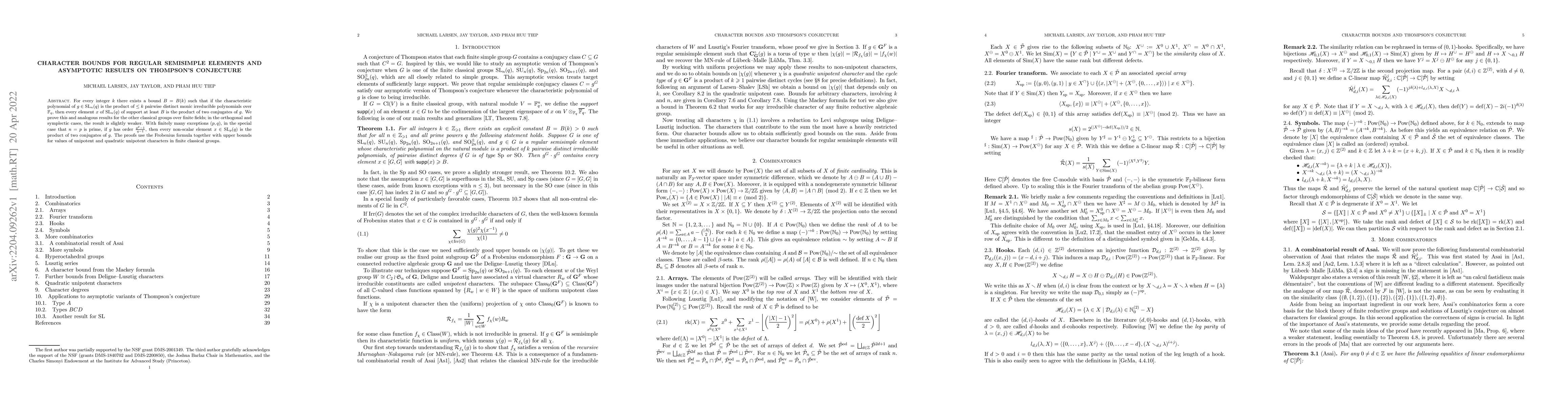 Thumbnail for Character bounds for regular semisimple elements and asymptotic results
  on Thompson's conjecture