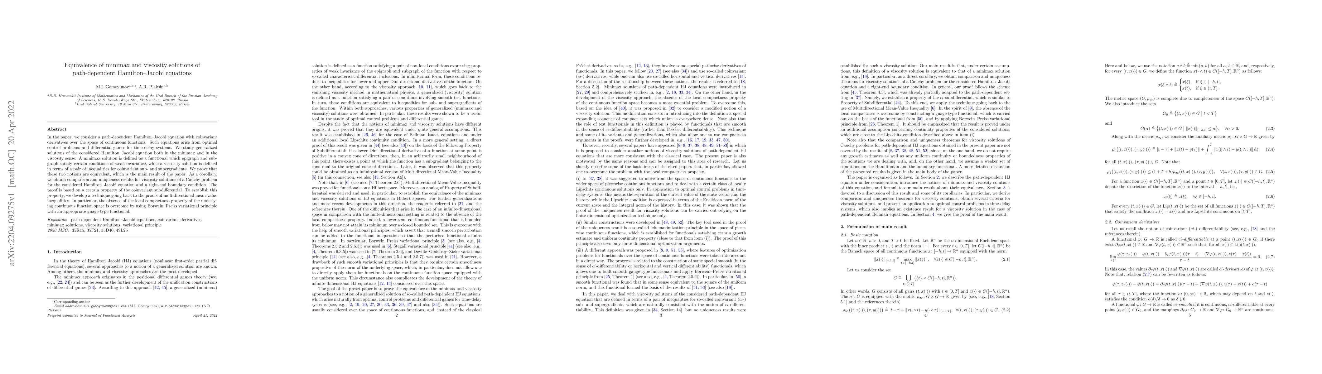 Thumbnail for Equivalence of minimax and viscosity solutions of path-dependent
  Hamilton-Jacobi equations
