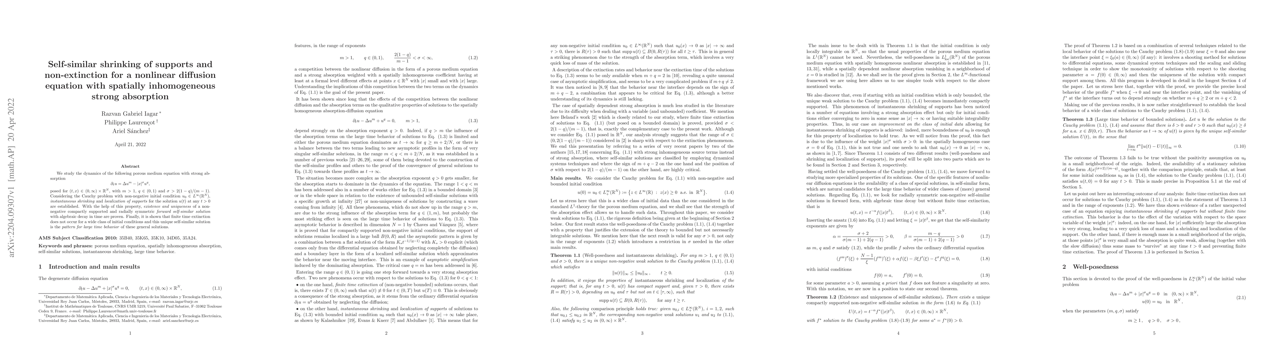 Thumbnail for Self-similar shrinking of supports and non-extinction for a nonlinear
  diffusion equation with spatially inhomogeneous strong absorption