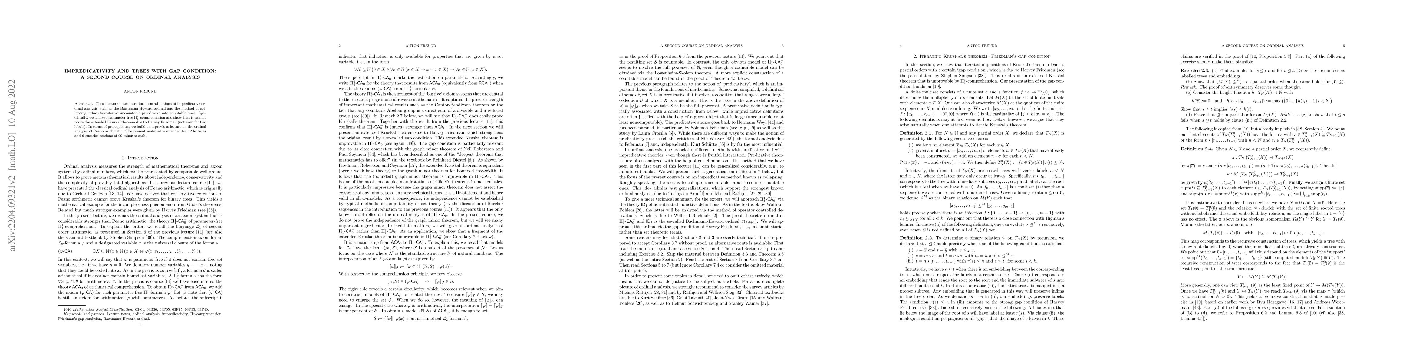 Thumbnail for Impredicativity and Trees with Gap Condition: A Second Course on Ordinal
  Analysis