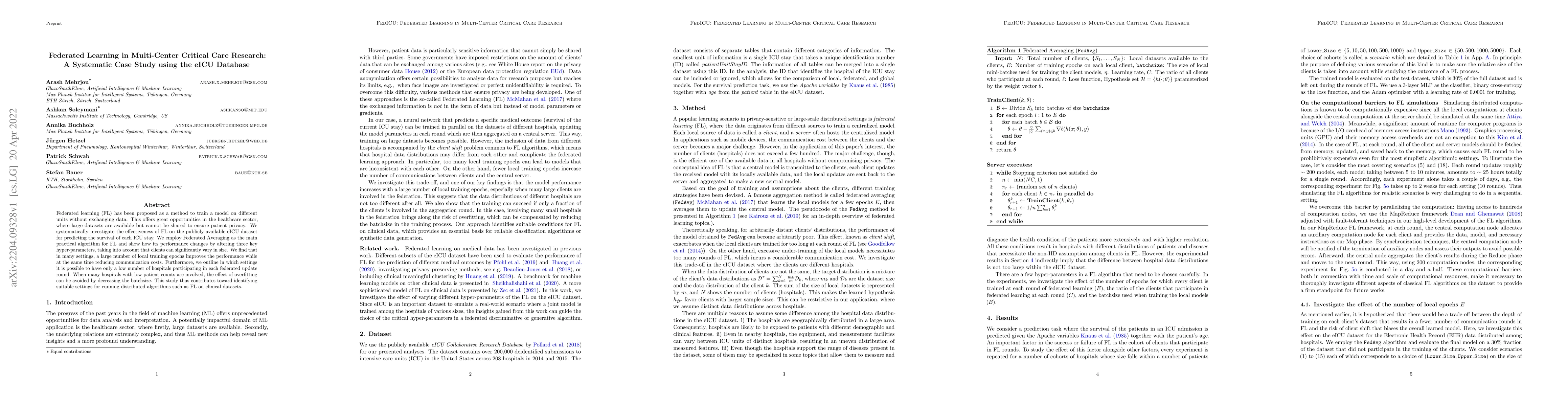 Thumbnail for Federated Learning in Multi-Center Critical Care Research: A Systematic
  Case Study using the eICU Database
