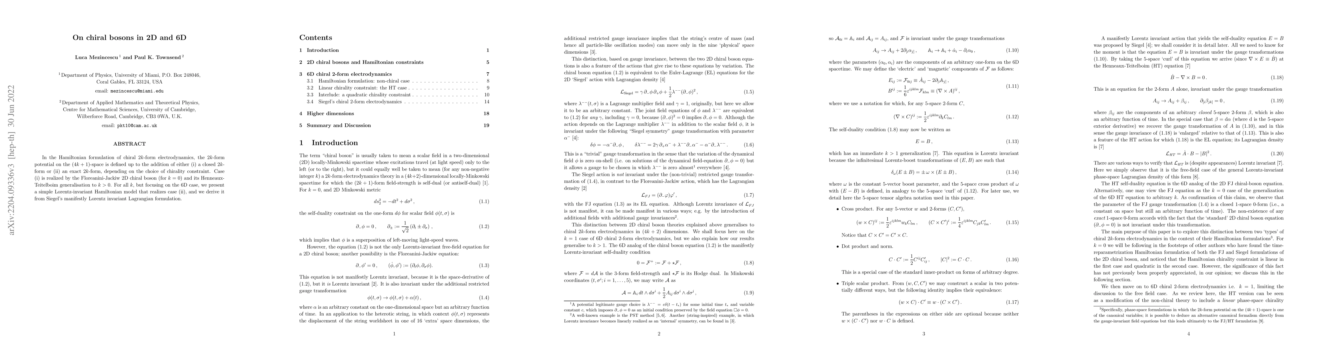Thumbnail for On chiral bosons in 2D and 6D