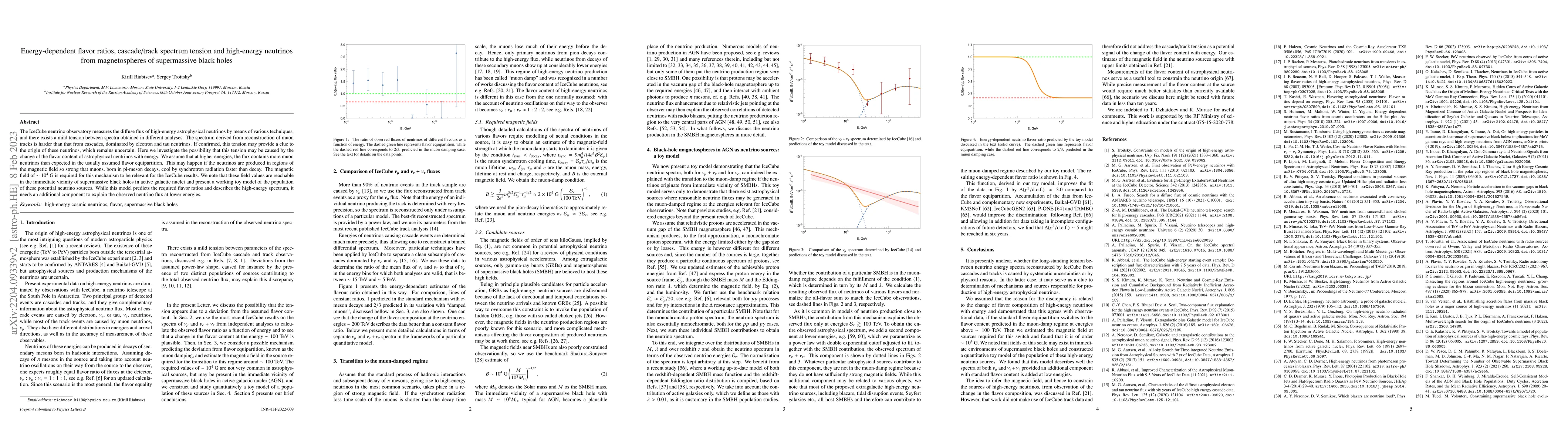 Thumbnail for Energy-dependent flavor ratios, cascade/track spectrum tension and
  high-energy neutrinos from magnetospheres of supermassive black holes