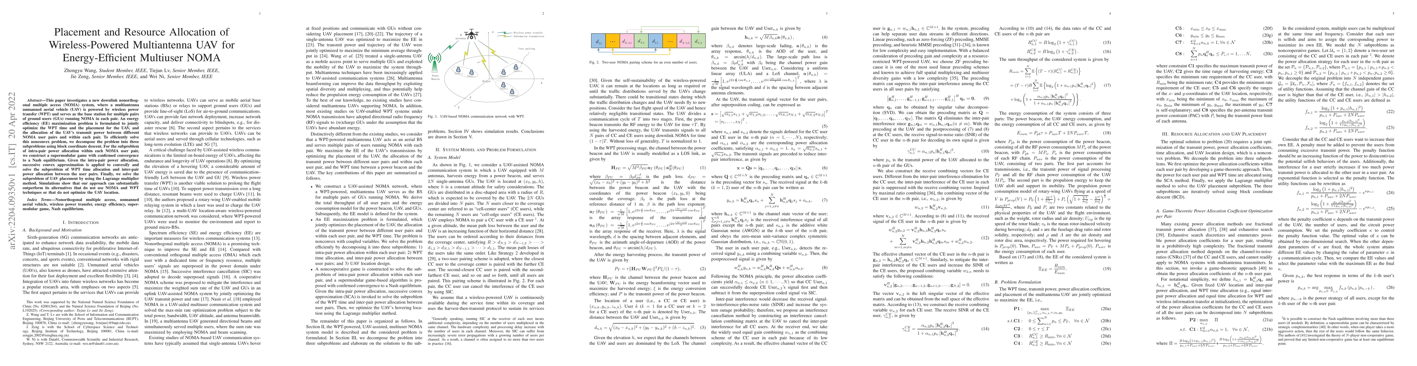 Thumbnail for Placement and Resource Allocation of Wireless-Powered Multiantenna UAV
  for Energy-Efficient Multiuser NOMA