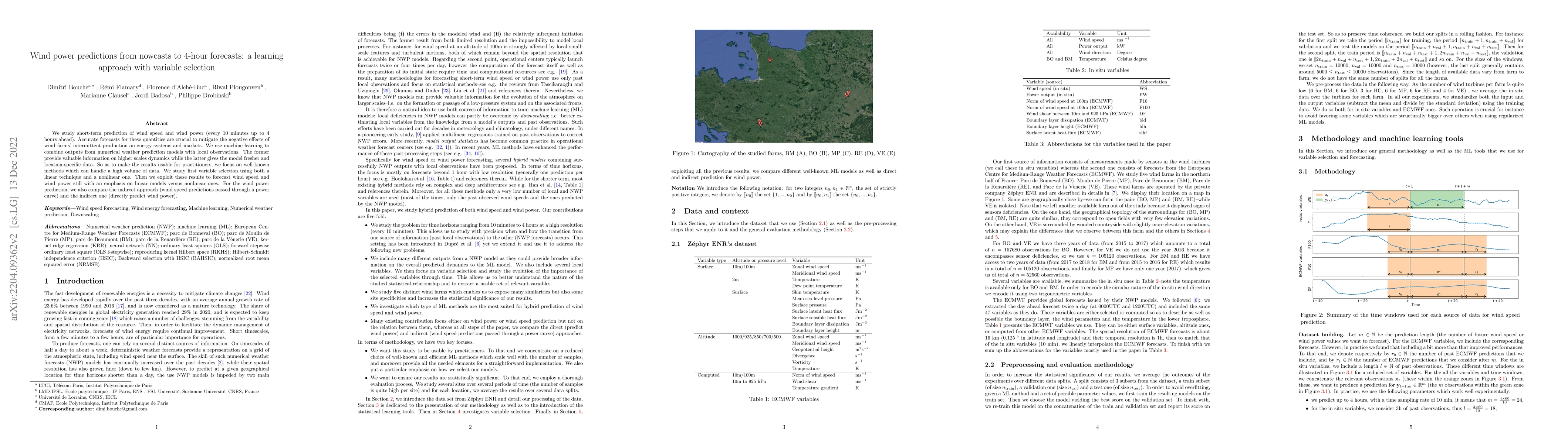 Thumbnail for Wind power predictions from nowcasts to 4-hour forecasts: a learning
  approach with variable selection