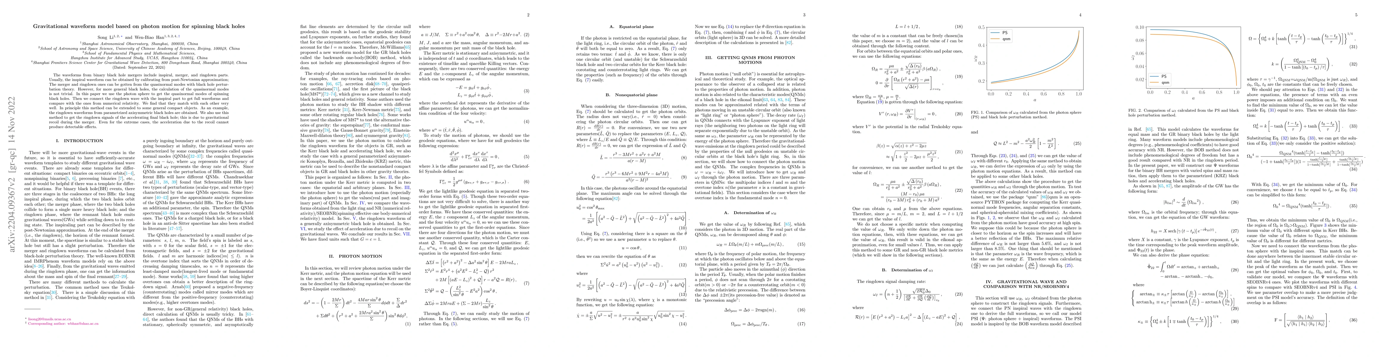Thumbnail for Gravitational waveform model based on photon motion for spinning black
  holes