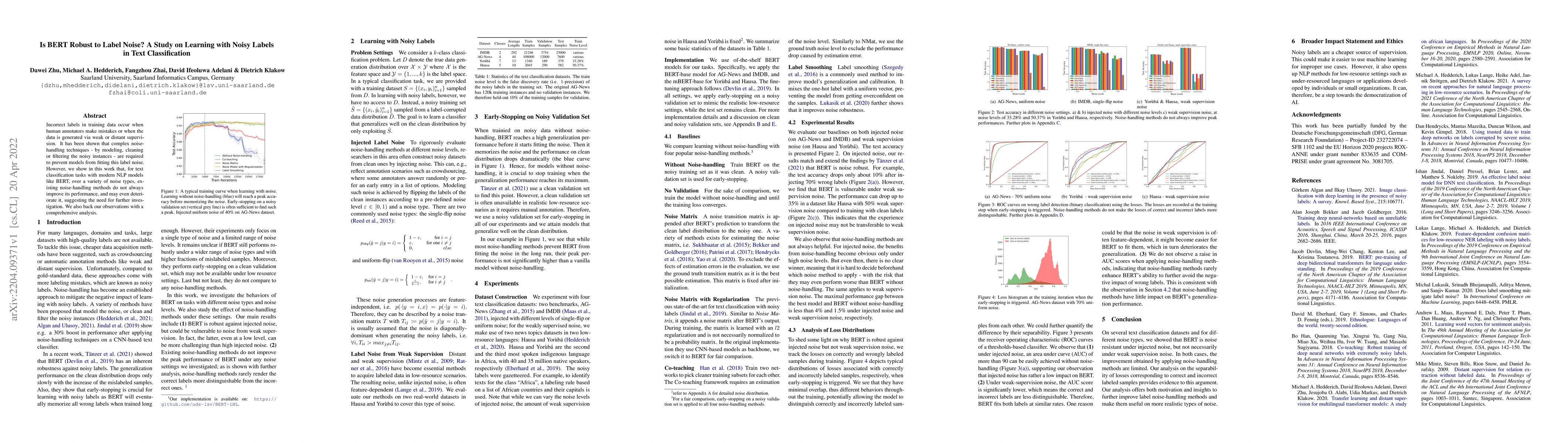 Thumbnail for Is BERT Robust to Label Noise? A Study on Learning with Noisy Labels in
  Text Classification