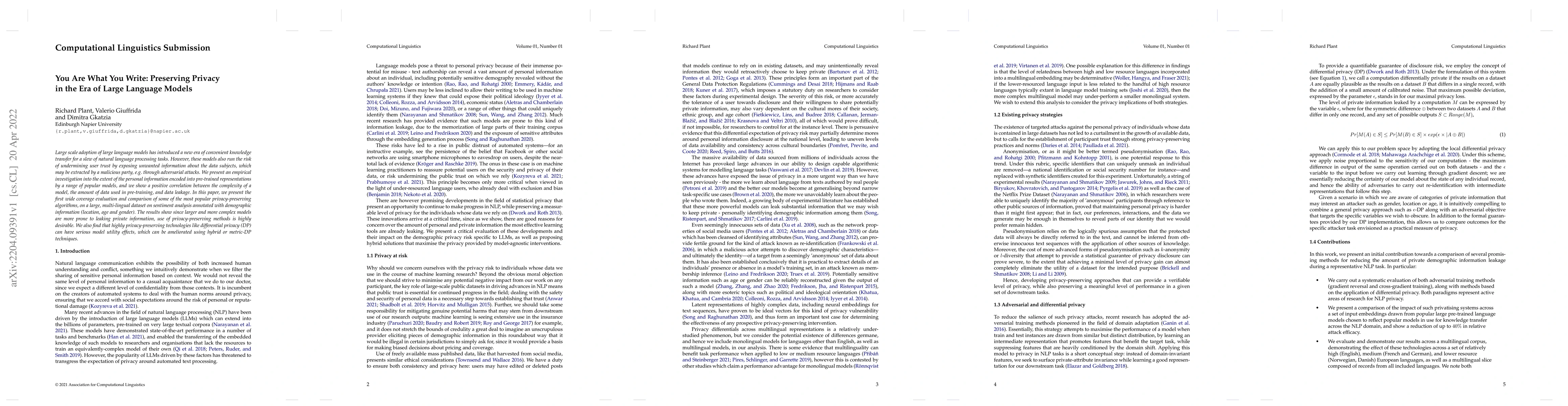 Thumbnail for You Are What You Write: Preserving Privacy in the Era of Large Language
  Models