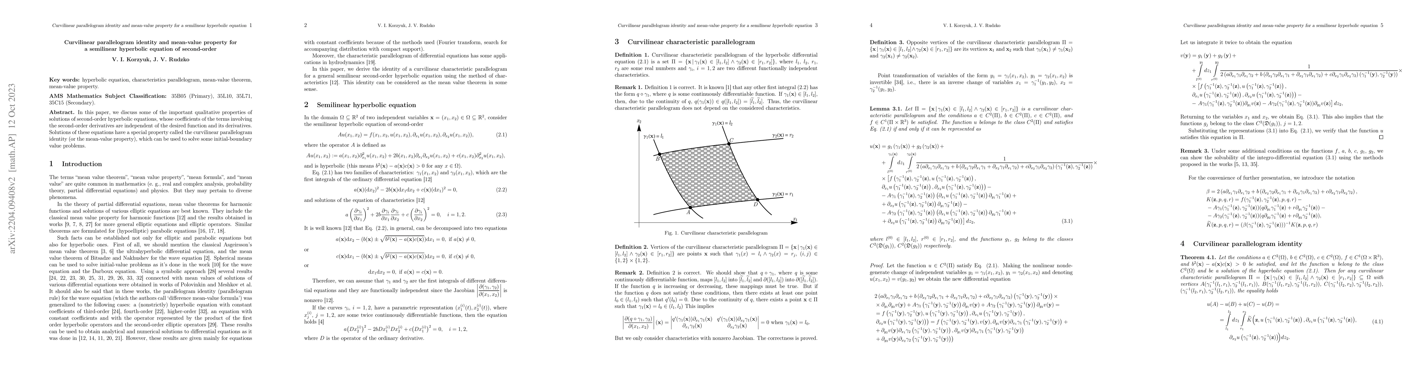 Thumbnail for Curvilinear parallelogram identity and mean-value property for a
  semilinear hyperbolic equation of second-order