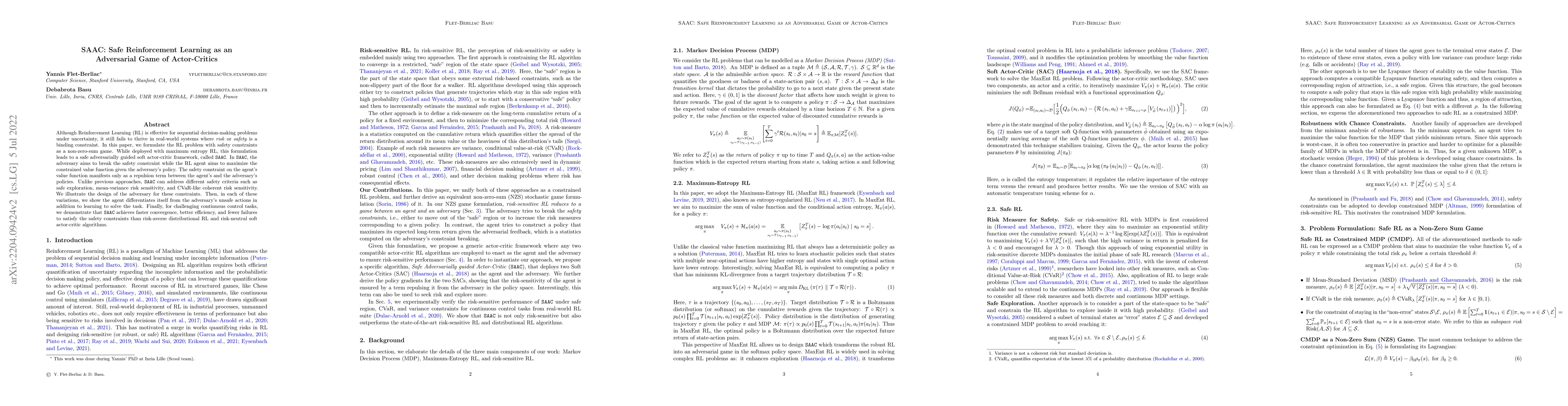 Thumbnail for SAAC: Safe Reinforcement Learning as an Adversarial Game of
  Actor-Critics