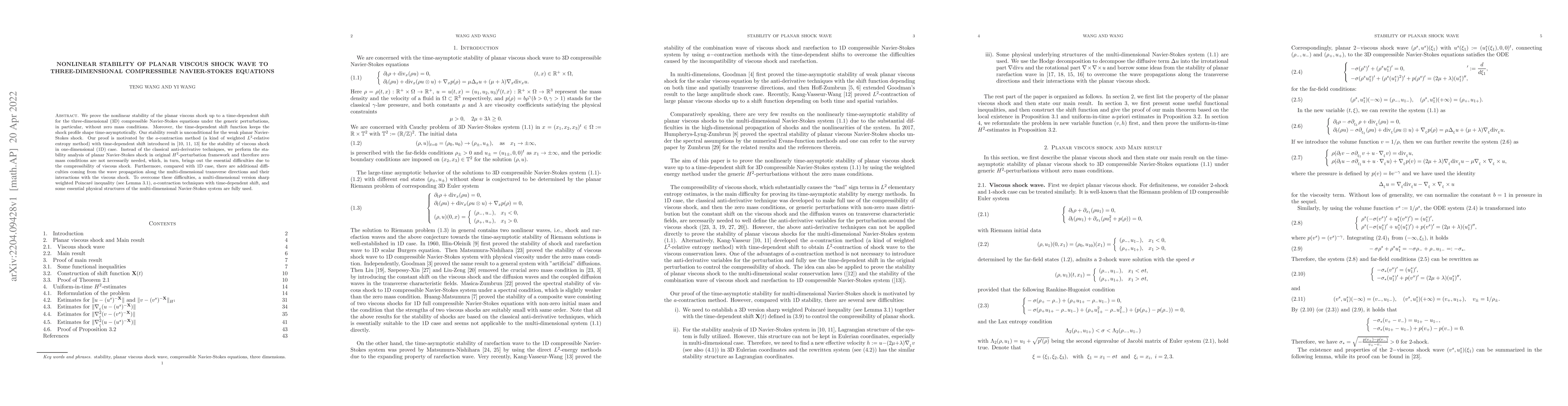 Thumbnail for Nonlinear stability of planar viscous shock wave to three-dimensional
  compressible Navier-Stokes equations