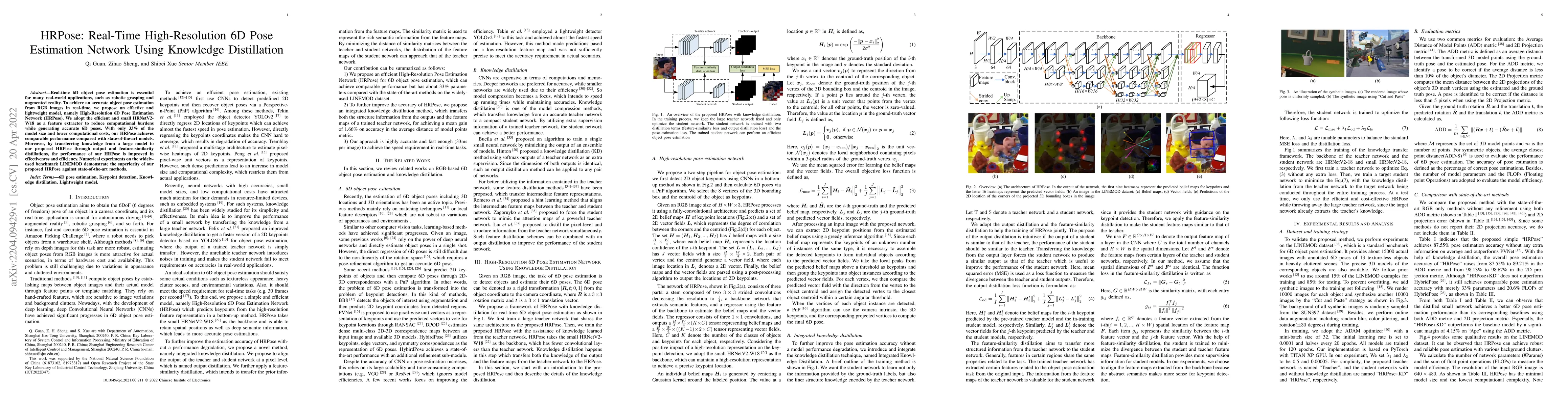 Thumbnail for HRPose: Real-Time High-Resolution 6D Pose Estimation Network Using
  Knowledge Distillation