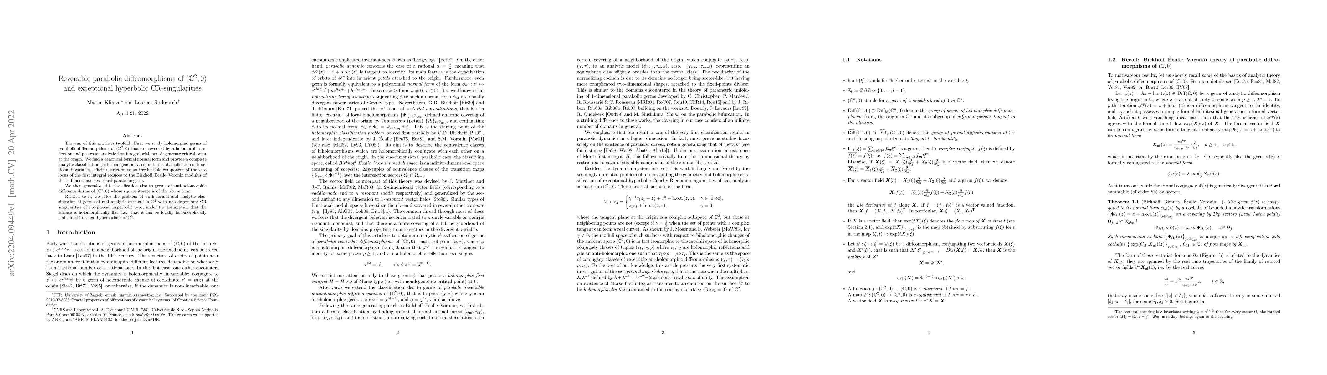Thumbnail for Reversible parabolic diffeomorphisms of $(\mathbb{C}^2,0)$ and
  exceptional hyperbolic CR-singularities