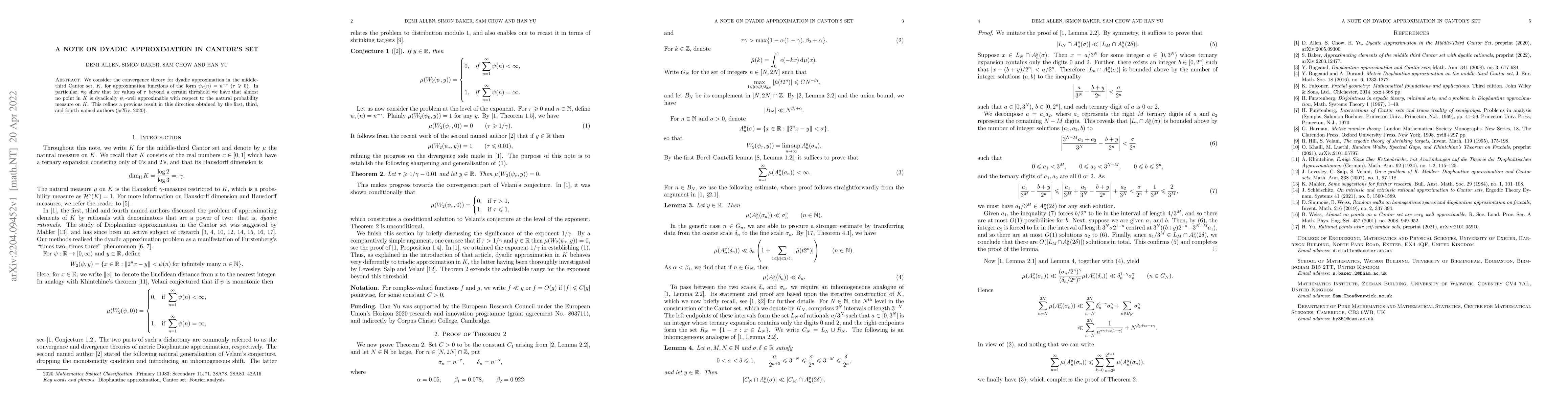 Thumbnail for A note on dyadic approximation in Cantor's set
