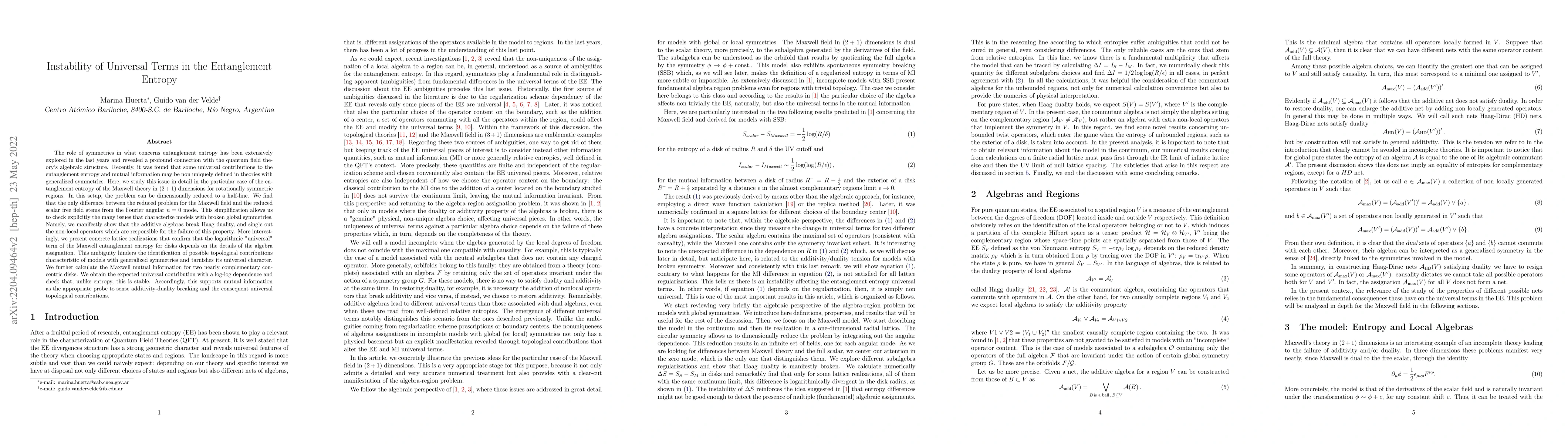 Thumbnail for Instability of Universal Terms in the Entanglement Entropy