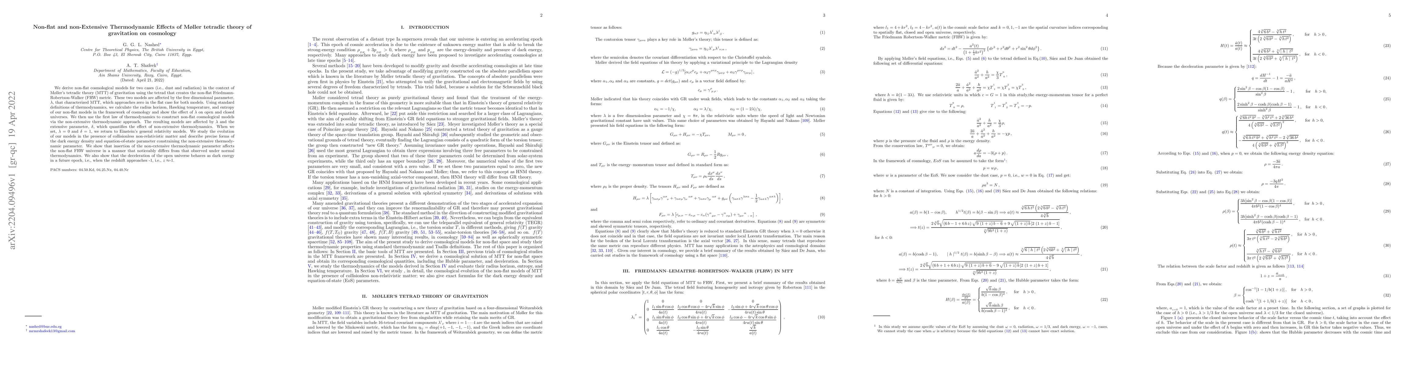 Thumbnail for Non-flat and non-Extensive Thermodynamic Effects of M{\o}ller tetradic
  theory of gravitation on cosmology