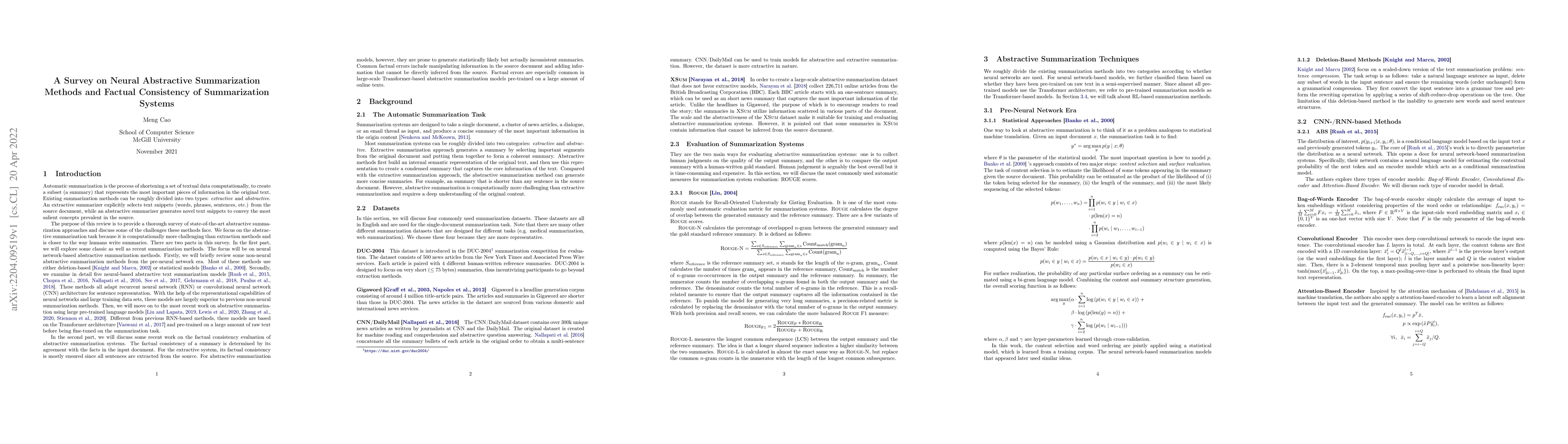 Thumbnail for A Survey on Neural Abstractive Summarization Methods and Factual
  Consistency of Summarization