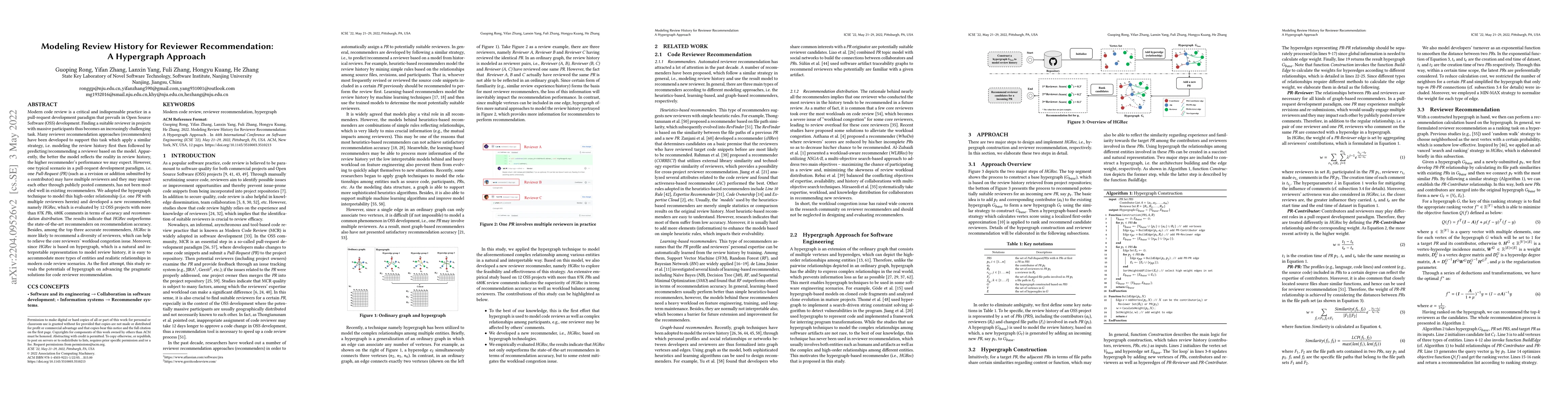 Thumbnail for Modeling Review History for Reviewer Recommendation:A Hypergraph
  Approach