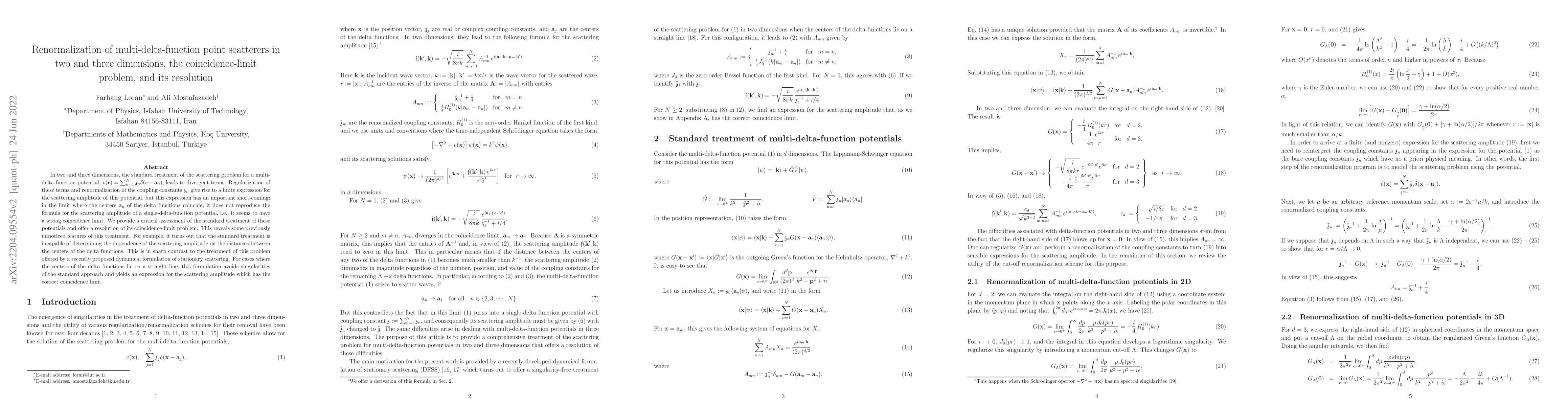 Thumbnail for Renormalization of multi-delta-function point scatterers in two and
  three dimensions, the coincidence-limit problem, and its resolution