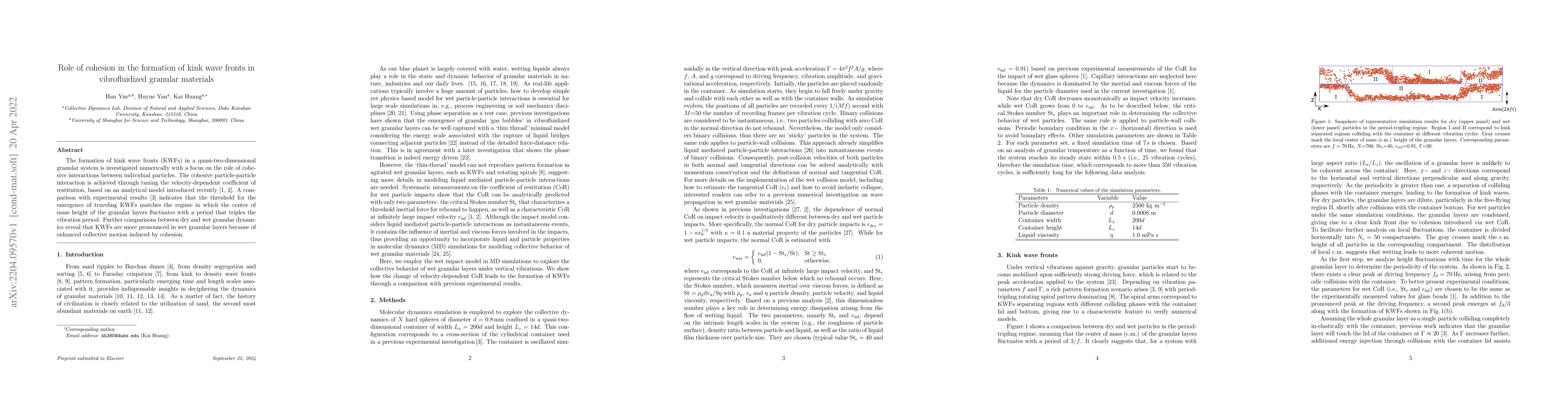 Thumbnail for Role of cohesion in the formation of kink wave fronts in vibrofluidized
  granular materials