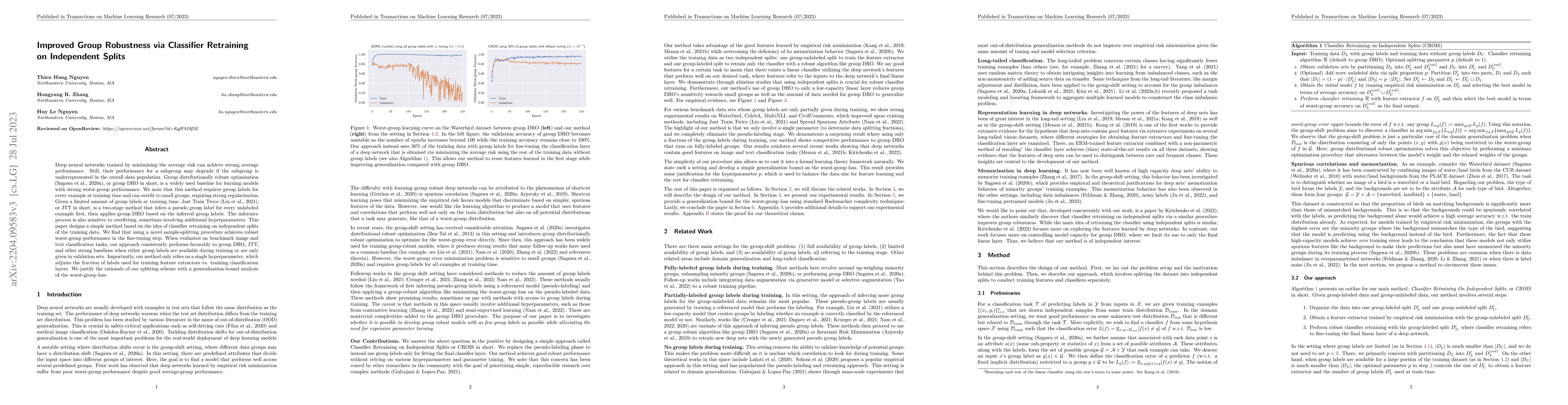 Thumbnail for Improved Group Robustness via Classifier Retraining on Independent
  Splits