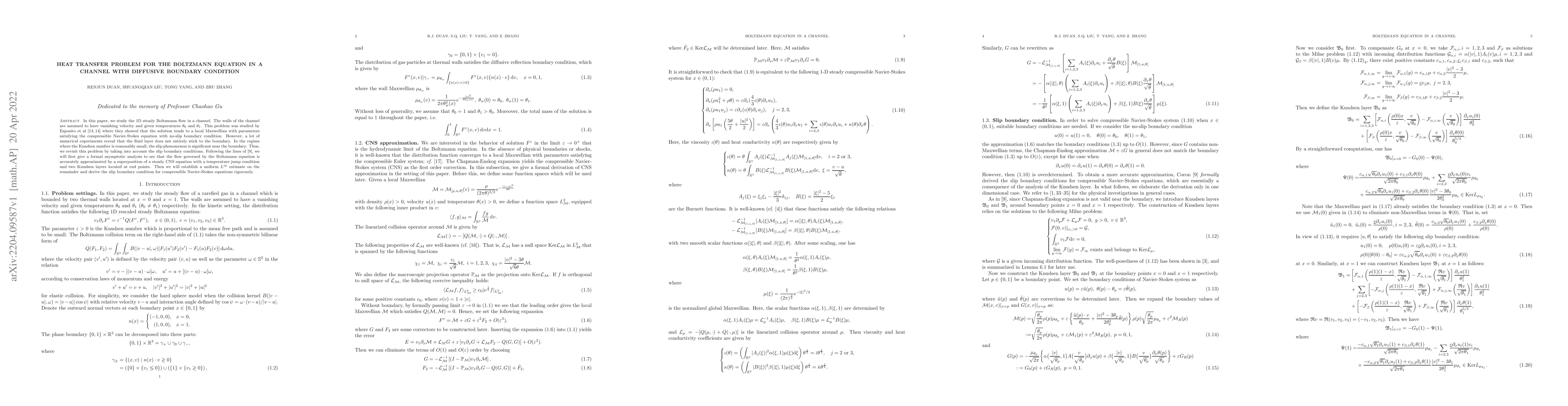 Thumbnail for Heat transfer problem for the Boltzmann equation in a channel with
  diffusive boundary condition