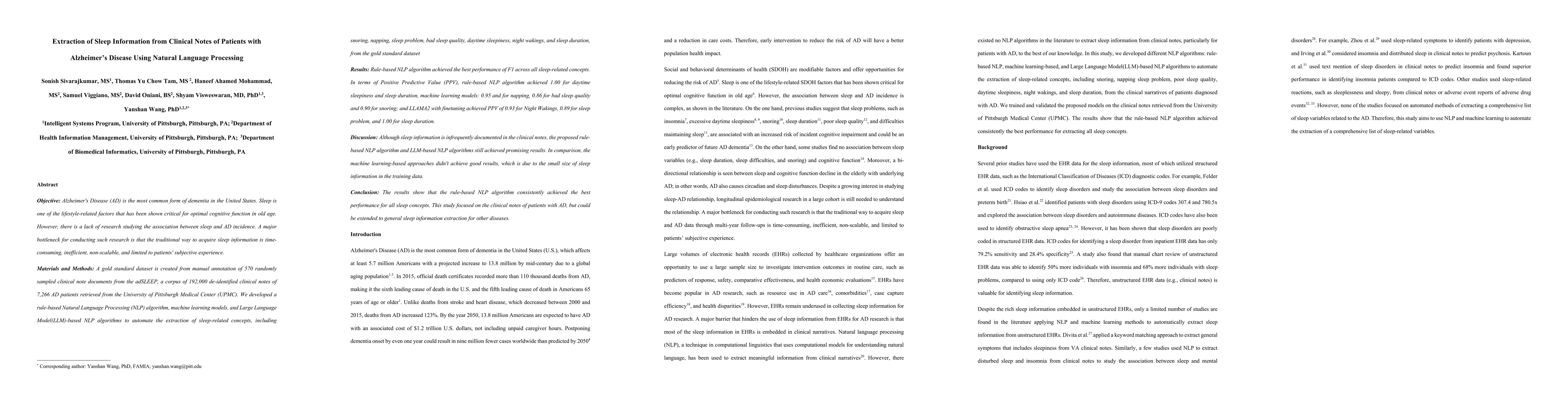 Thumbnail for Extraction of Sleep Information from Clinical Notes of Patients with
  Alzheimer's Disease Using Natural Language Processing