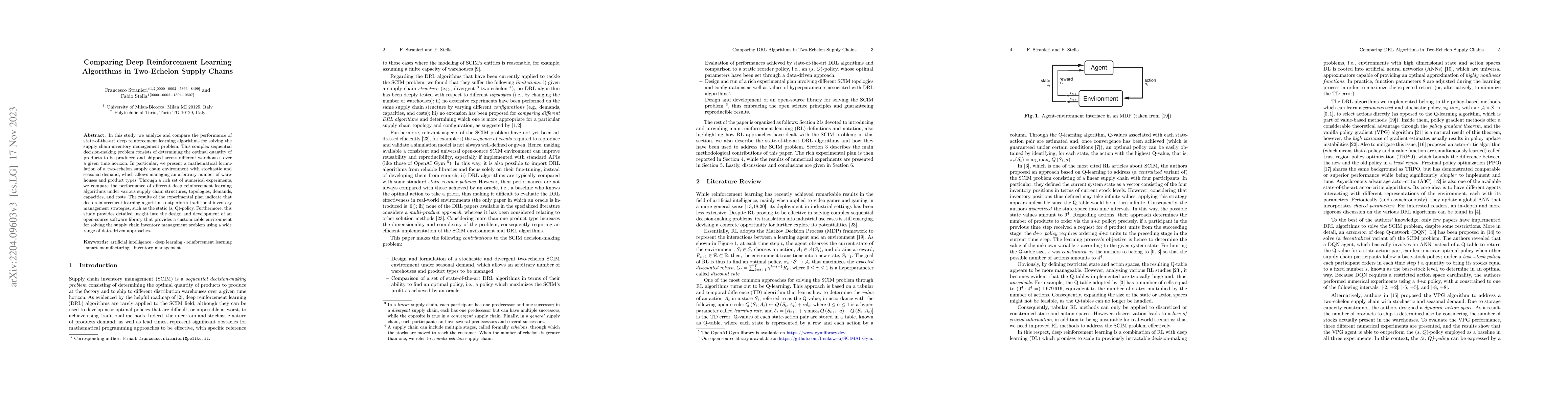 Thumbnail for Comparing Deep Reinforcement Learning Algorithms in Two-Echelon Supply
  Chains