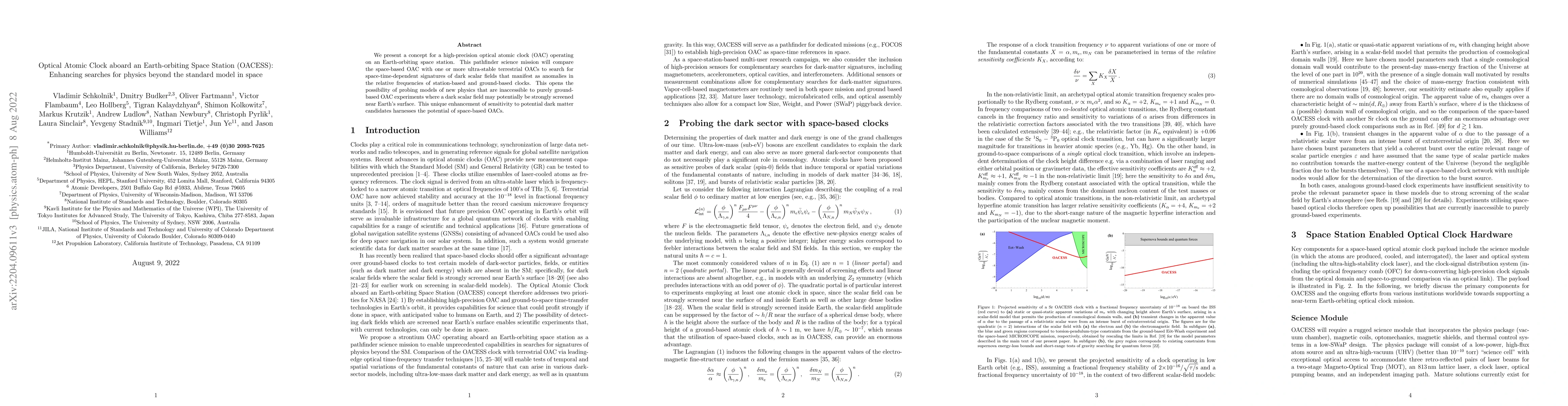 Thumbnail for Optical Atomic Clock aboard an Earth-orbiting Space Station (OACESS):
  Enhancing searches for physics beyond the standard model in space