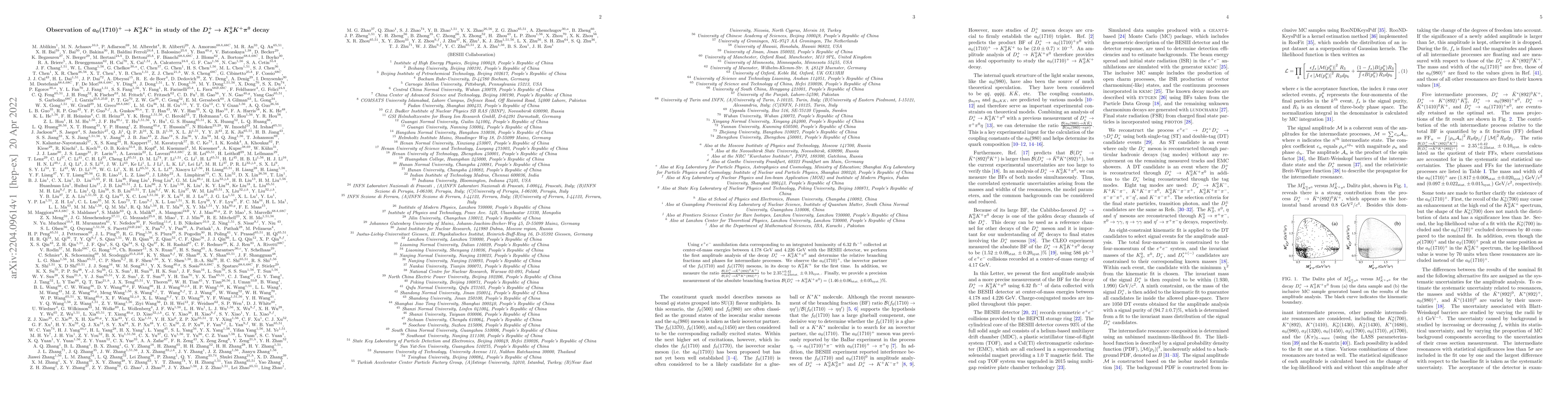 Thumbnail for Observation of $a_0(1710)^+ \to K_S^0K^+$ in study of the $D_s^+\to
  K_S^0K^+\pi^0$ decay